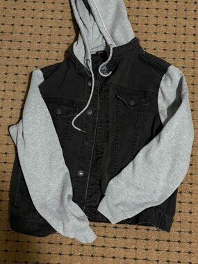 Vintage Divided Jacket with Hood, black denim and grey sweat - SIZE XL